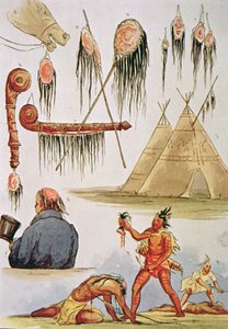 Escalpelamiento y uso decorativo de cabelleras (acuarela sobre papel) de George Catlin