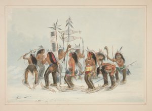La danza de las raquetas de nieve, pl. 14 de la cartera de indios norteamericanos de George Catlin