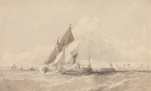 Barcazas y botes a vela en un mar agitado