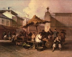 Un grupo de chinos comiendo fuera de la iglesia de San Domingo de George Chinnery