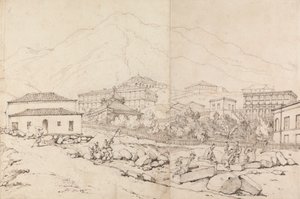 Construir en la ladera de un pueblo de montaña (¿China?) de George Chinnery