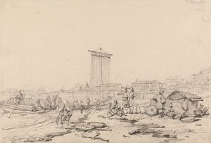 Escena costera con pescadores y edificios, Macao de George Chinnery