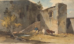 Figura con ganado a la sombra de un edificio de George Chinnery
