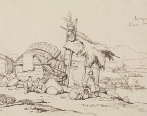 Anciano y niños sentados, cocinando de George Chinnery