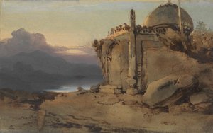 Ruinas de un templo, puesta de sol