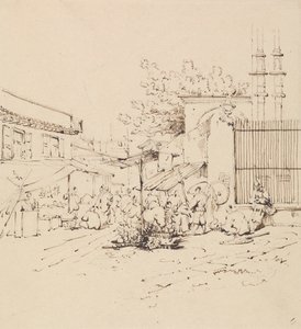 Escena callejera con comerciantes vendiendo mercancías de George Chinnery