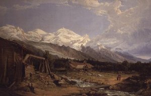Paisaje alpino con figuras junto a un arroyo de montaña