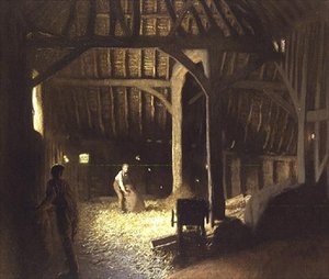 Interior de Granero con Niños Trabajando de George Clausen