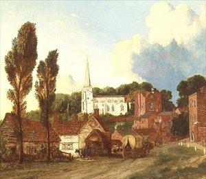 Una vista de Harrow, con la Iglesia de Santa María y el edificio y patio de las Escuelas Viejas de George Clint