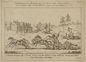 Un campesino llevándose un cañón francés al campamento ruso mientras el enemigo lo había dejado para saquear el pueblo, publicado el 8 de junio de 1813 de George Cruikshank
