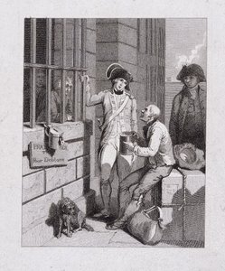 Una tienda de silbidos: Tom y Jerry visitando a Logic, a bordo de la Flota, Prisión de Fleet, Londres, 1821 de George Cruikshank