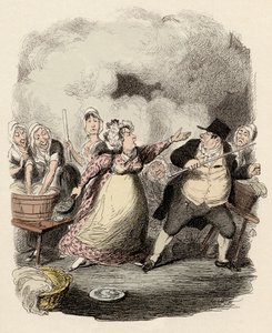 En el hospicio, Monsieur Bumble es severamente rechazado por su esposa, Madame Corney - Mr Bumble degradado a los ojos de los pobres - Ilustración para "Oliver Twist" (Las aventuras de Oliver Twist) de Charles Dickens (1812-1870), por George Cruikshank de George Cruikshank
