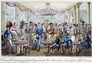 Café des Milles columnas - en "Life in Paris" por David Carey, Londres de George Cruikshank