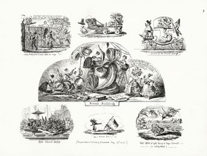 Caricaturas de George Cruikshank sobre el tema de los sombreros de señora desproporcionados