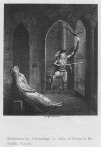 Cholmondeley descubriendo el cuerpo de Alexia en la Torre del Diablo de George Cruikshank