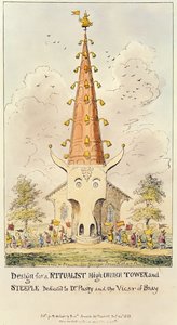 Diseño para una torre y aguja de iglesia ritualista alta, dedicada al Dr. Pusey y al vicario de Bray, 1868 de George Cruikshank
