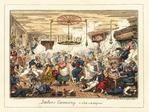 Marineros ingleses bebiendo y bailando en un pub, época napoleónica,1829 (litografía) de George Cruikshank