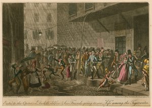 Entrada a la Ópera; o, Dick Wildfire y sus amigos yendo a ver la Vida entre los Figurantes de George Cruikshank