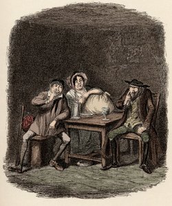 Fagin haciendo negocios con Morris Bolter, alias Noe Claypole, y Charlotte - El judío y Morris Bolter comienzan a entenderse - Ilustración para "Oliver Twist" (Las aventuras de Oliver Twist) de Charles Dickens (1812-1870), por George de George Cruikshank