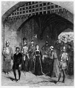 Feckenham ofreciendo a Lady Jane Grey un perdón en su camino al juicio de George Cruikshank
