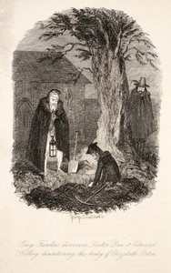 Guy Fawkes descubre al Doctor Dee y Edward Kelley desenterrando el cuerpo de Elizabeth Orton, ilustración de Guy Fawkes, o la Traición de la Pólvora: una Novela Histórica, por William Harrison Ainsworth de George Cruikshank