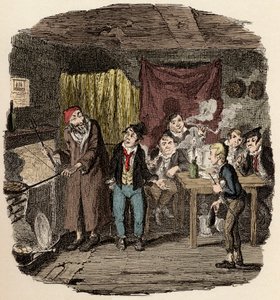 Jack Dawkins presenta a Oliver a Fagin y su equipo - Ilustración para "Oliver Twist" de Charles Dickens