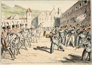 La trompeta de desafío de Jack, de Greenwich Hospital, una serie de bocetos navales, descriptivos de la vida de un hombre de guerra, pub. 1826 (grabado coloreado a mano) de George Cruikshank