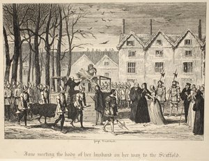 Jane encontrando el cuerpo de su esposo camino al cadalso, de La Torre de Londres, pub. 1840 de George Cruikshank