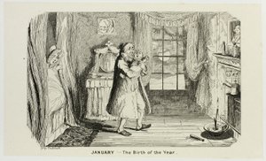 Enero - El nacimiento del año a partir de los grabados en acero de George Cruikshank para The Comic Almanacks: 1835-1853 de George Cruikshank