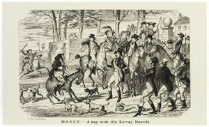 Marzo - Un día con los sabuesos de Surrey en los grabados en acero de George Cruikshank para The Comic Almanacks: 1835-1853