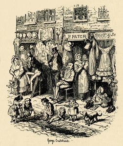 Calle Monmouth, Soho, una ilustración de G. Cruikshank para Sketches by Boz de Dickens