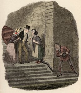 Noe Claypole espiando la cita secreta entre el Sr. Brownlow, Rose Maylie y Nancy - La reunión - Ilustración para “Oliver Twist” (Las aventuras de Oliver Twist) de Charles Dickens, por George Cruikshank.