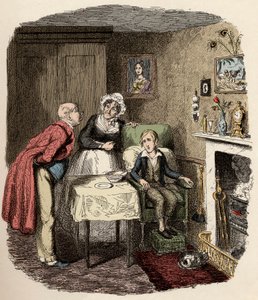 Oliver es recogido y cuidado por el Sr. Brownlow y su ama de llaves la Sra. Bedwin - Oliver recuperándose de la fiebre - Ilustración para “Oliver Twist” (Las aventuras de Oliver Twist) de Charles Dickens (1812-1870), por George Cruikshank (1792-1878)