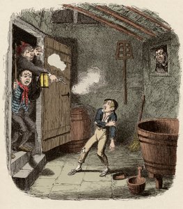 Oliver sorprendido y herido durante el intento de robo - El robo - Ilustración para “Oliver Twist” (Las aventuras de Oliver Twist) de Charles Dickens (1812-1870), por George Cruikshank (1792-1878) de George Cruikshank
