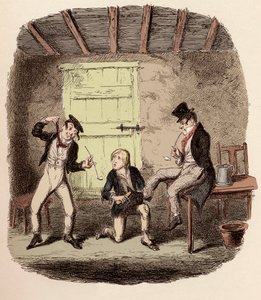 Oliver encera los zapatos del Zorro mientras Charley Bates explica los peligros de la horca - El maestro Bates explica una tecnicidad profesional - Ilustración para “Oliver Twist” (Las aventuras de Oliver Twist) de Charles Dickens, por George Cruikshank. de George Cruikshank
