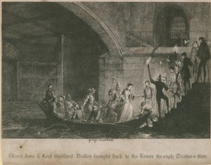 La reina Jane y Lord Guilford Dudley llevados de regreso a la Torre a través de la Puerta de los Traidores de George Cruikshank