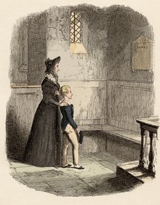 Rose Maylie y Oliver frente a la placa conmemorativa de Agnes, su hermana y madre - Rose Maylie y Oliver - Ilustración para “Oliver Twist” (Las aventuras de Oliver Twist) de Charles Dickens (1812-1870), por George Cruikshank (1792-1878)