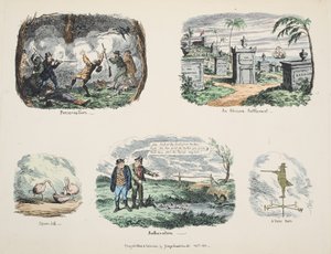 Recortes y bocetos: Preservación, Un asentamiento africano, Espátula, Molestia, Un hombre vano, pub. 1831 de George Cruikshank