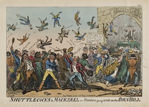 Volantes y caballas, o miembros yendo a votar sobre la Ley del Maíz, 14 de marzo de George Cruikshank