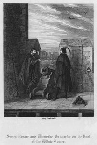 Simon Renard y Winwike el guardián en el techo de la Torre Blanca (grabado) de George Cruikshank