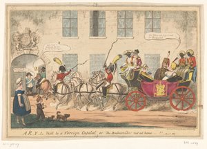Spotprent op prinses Caroline, 1817 ¡Una visita de R-Y-L a una capital extranjera o el embajador no está en casa! (título en el objeto)
