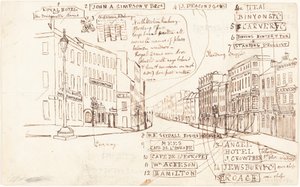 Perspectiva de calle con lugares de negocios etiquetados de George Cruikshank
