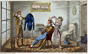 Sastre y peluquero a domicilio - en "Life in Paris" por David Carey, ill. por George Cruikshank, ed. Fairburn, Londres de George Cruikshank