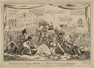 El epílogo (sic) a la tragedia de Waterloo o Madame François y sus gerentes!!!, publicado el 9 de noviembre de George Cruikshank