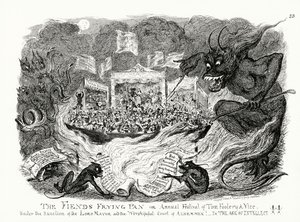 La sartén del demonio, o Festival Anual de la Tontuna y el Vicio bajo la Sanción del Alcalde y el Honorable Tribunal de Concejales! En la Era del Intelecto!! (grabado) de George Cruikshank