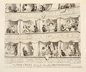 Las cajas de la ópera durante el tiempo de la Gran Exposición, pub. 1851 de George Cruikshank