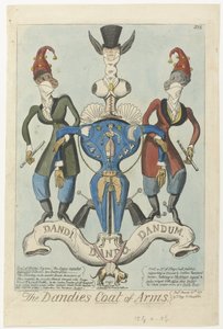 Dos monos vestidos sostienen un arma con forma de maniquí Escudo de armas de los Dandies (título sobre el objeto) de George Cruikshank