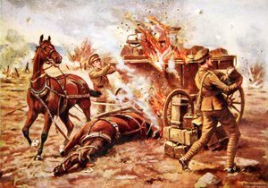 El Bombardero Actuante H.A. Creasey ayudando a descargar un vagón de municiones en llamas bajo un intenso fuego de artillería de George Derville Rowlandson