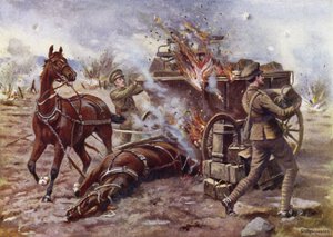 El bombardero H A Creasey ayudando a descargar un carro de municiones en llamas bajo un intenso fuego de artillería, Potijze, cerca de Ypres, 25 de abril de 1915 de George Derville Rowlandson