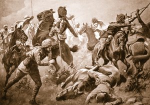 Risaldar Santa Singh, Dafadar Bisham Singh y Sowar Buda Singh rompiendo las filas de los árabes en ayuda del Capitán Willoughby de George Derville Rowlandson